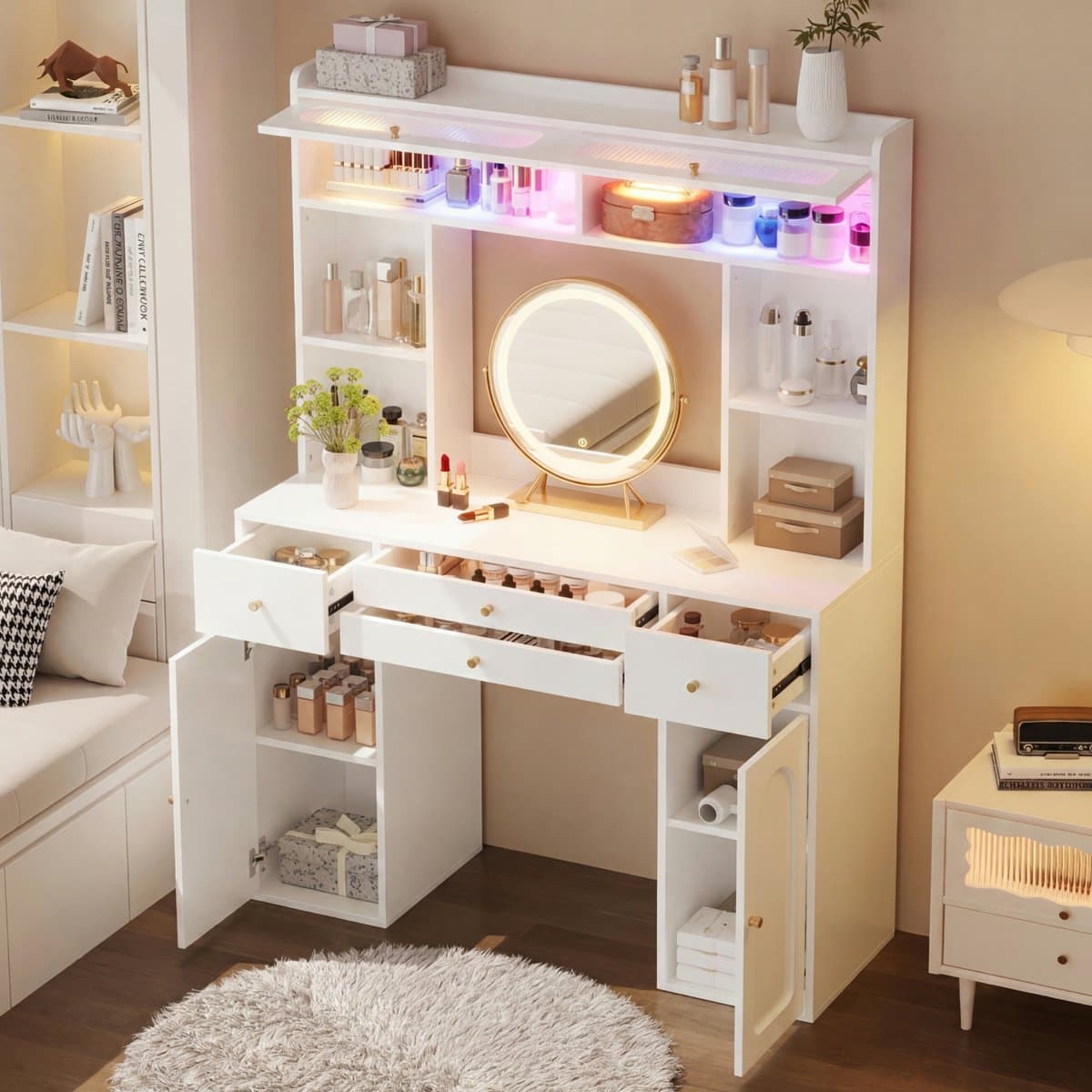 OKWISH Kaptafel - Met Spiegel En Verlichting - 4 Lades En Glazen Vakken - Wit MDF Bamboe Glas - 120x40x160 cm