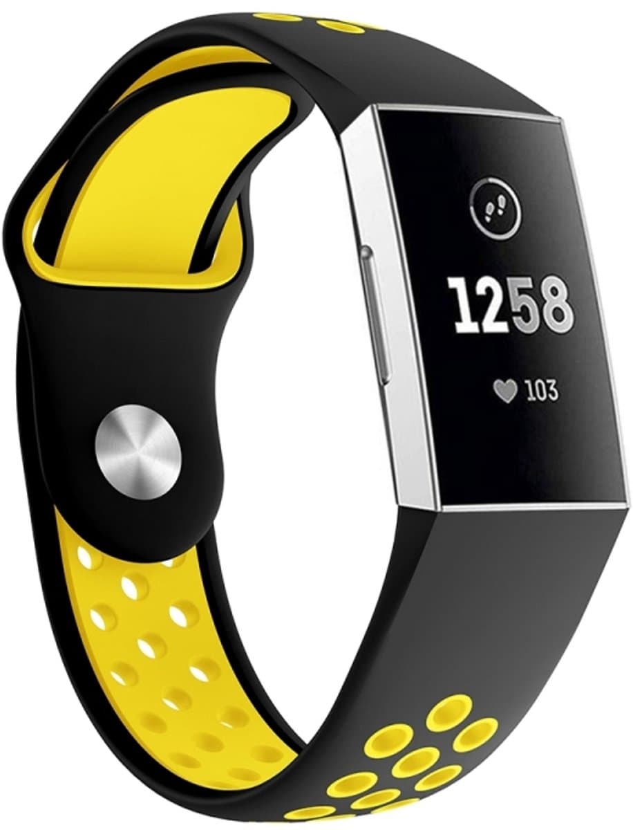 Tweekleurige polsband met ronde gaten, horlogeband voor Fitbit Charge 3, polsbandmaat: 145-210 mm (geel)