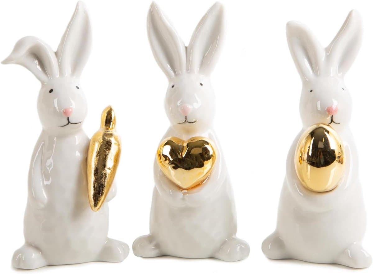 Paashaas Decoratie - Paasdecoratie Porselein - Paasfeest Versieren - Goud Wit Design - 125 cm - Wit