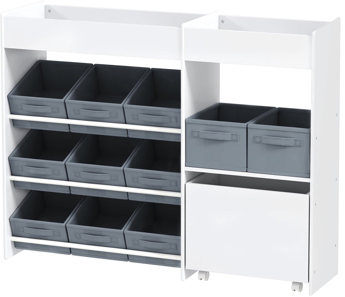 Speelgoedopbergunit, kinderboekenplank, speelgoedorganizer met 11 opbergmand van non-woven materiaal, opbergunits voor kinderen voor kinderkamer, speelkamer, slaapkamer, 1 stuk, 105 x 30 x 80 cm wit