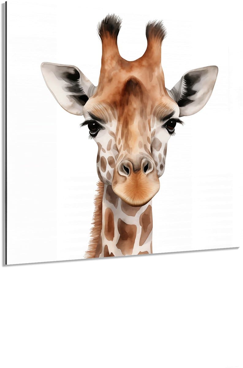 Vriendelijke giraffe portret - Schilderij 100x100 cm - Wanddecoratie op Aluminium Dibond - Aluminium Wandpaneel