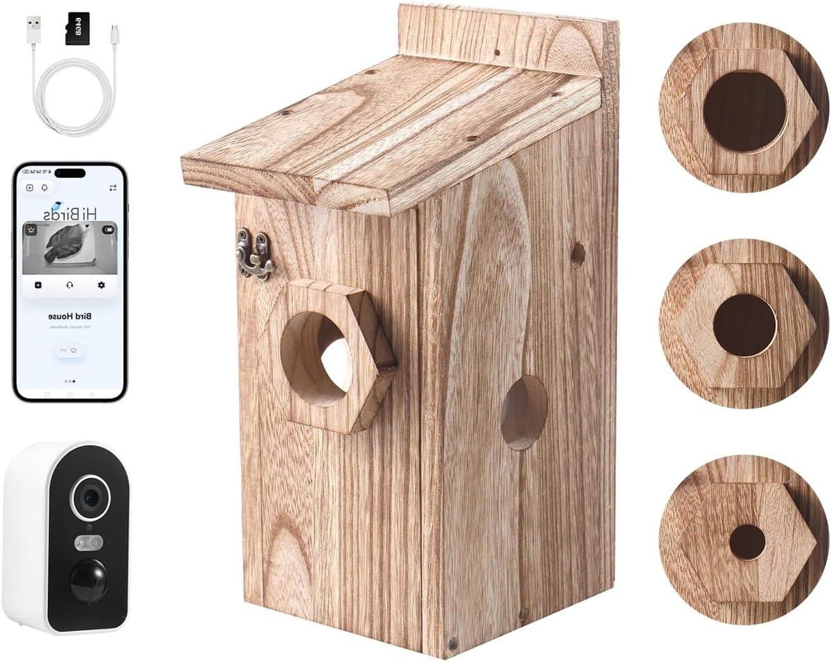 Vogelhuisje met camera - Nestkast met zicht - Vogels observeren - 4MP Kleuren Nachtzicht - 32GB Opslag - Houtkleurig