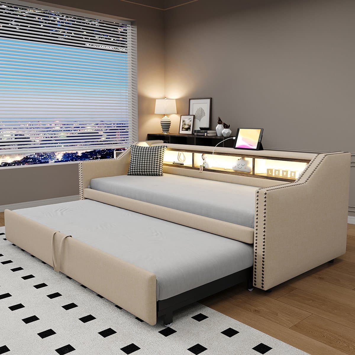 BLACKCOLORS - Gestoffeerd Bed/Uitschuifbare Slaapbank - 90/180x190 cm - Multifunctioneel Opbergvak - Met LED-verlichting en USB-aansluiting - Inclusief Lattenbodem - Beige