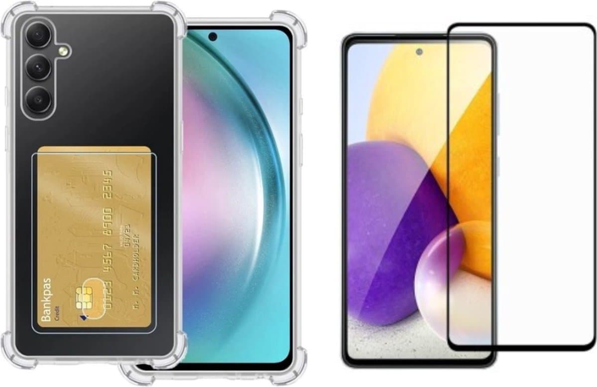 ShieldCase TPU shock case met pasjeshouder geschikt voor de Samsung Galaxy A55 hoesje - telefoonhoesje met ruimte voor pasjes - ruimte voor 2 pasjes - doorzichtige backcover met verstevigde randen (transparant) + Screenprotector