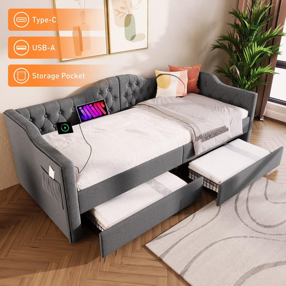 STILVORA Gestoffeerd Bed 90x190 cm – Eenpersoonsbed Met 2 Lades & USB Type-C Laadfunctie – Voor Kinder-/Gastenkamer – Linnen – Grijs – Zonder matras
