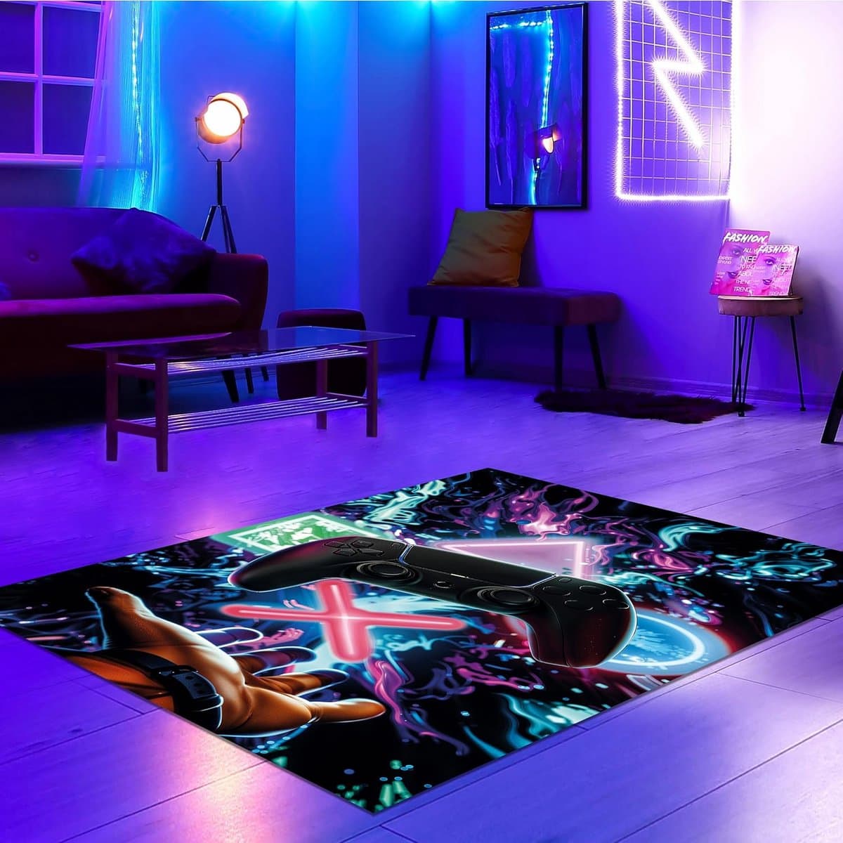 Wasbaar Gamer Vloerkleed met Controller en Lichtgevende Symbolen - Antislip Speelkleed 80x150 cm