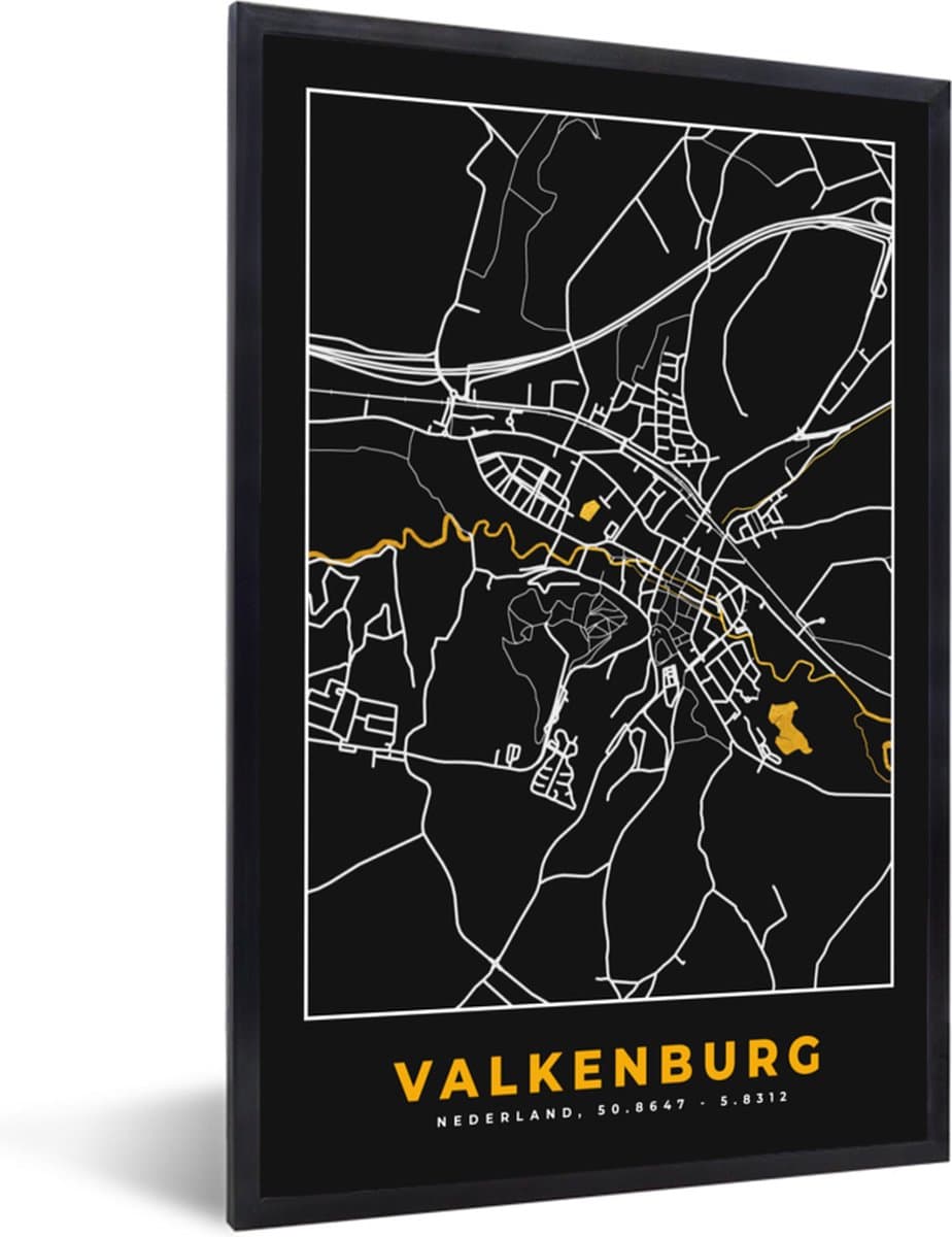 Poster in lijst - Fotolijst 40x60 cm - Posters - Plattegrond - Goud - Valkenburg - Kaart - Stadskaart - Posterlijst zwart - Decoratie - Wanddecoratie woonkamer - Muurdecoratie slaapkamer