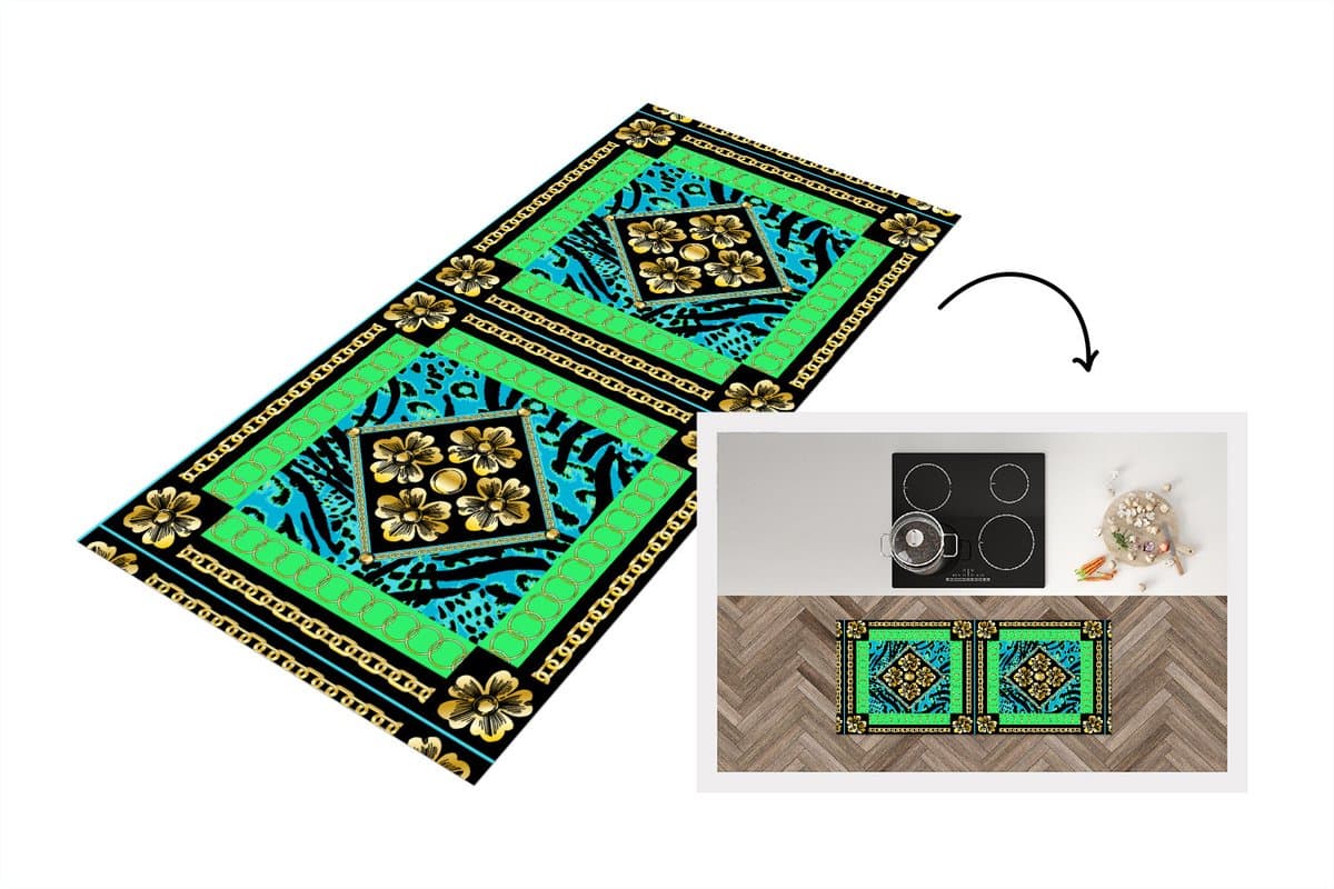 Keukenloper - Loper keuken - Dierenprint - Bloemen - Ketting - Goud - Patroon - 120x50 cm - Keukenloper vinyl