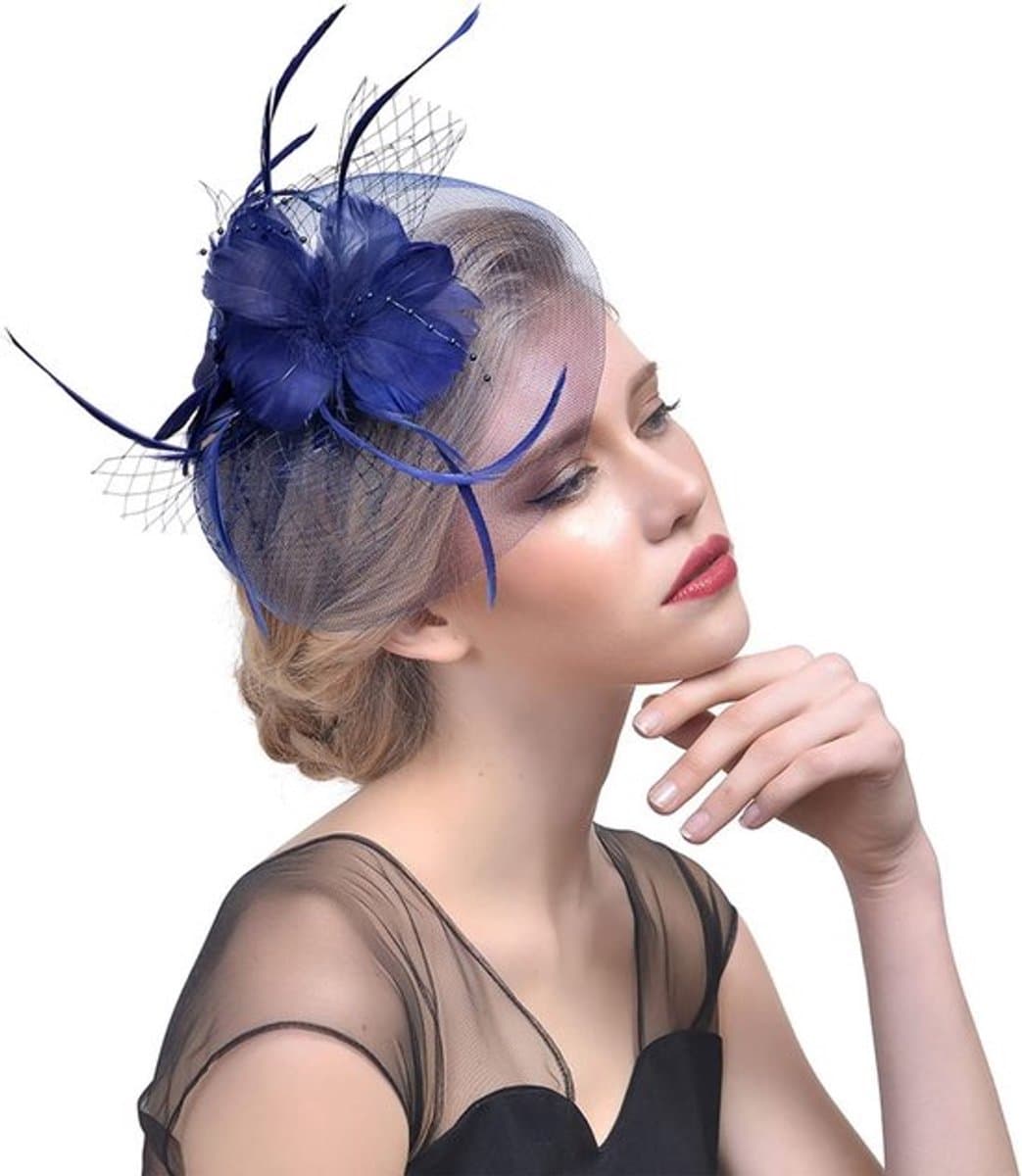 Hoeden voor Vrouwen, Fascinators Hoed met Bloem Mesh Linten Veren op een Hoofdband en een Forked Clip Cocktail Tea Party Hoofddeksels voor Meisjes en Vrouwen - Blauw