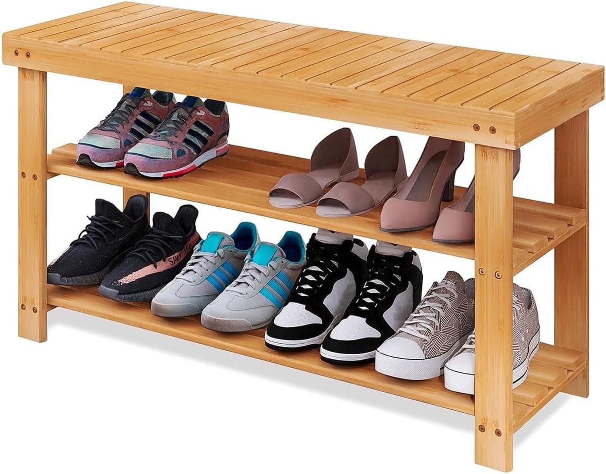 Schoenenbank Bamboe - Instapkruk Bankje - Schoenen Wisselen - Mesh Ventilatie - 50 cm Lengte - Natuurlijk Hout