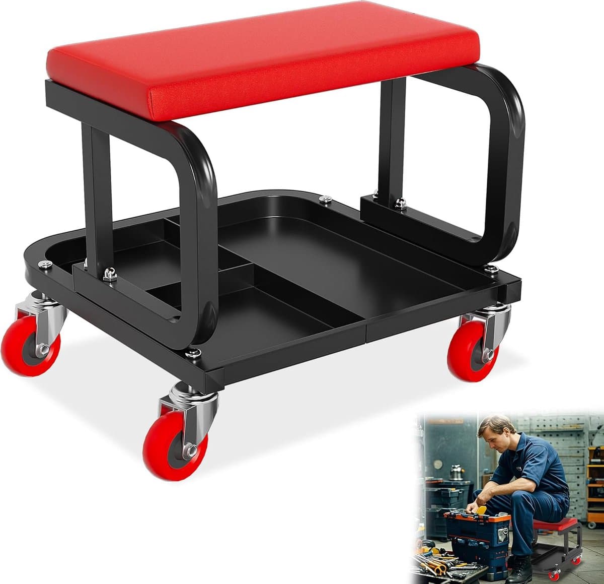 ACXIN Werkkruk Met Wielen Werkplaatskruk Met Opbergbak -150 kg -36x36x35 cm