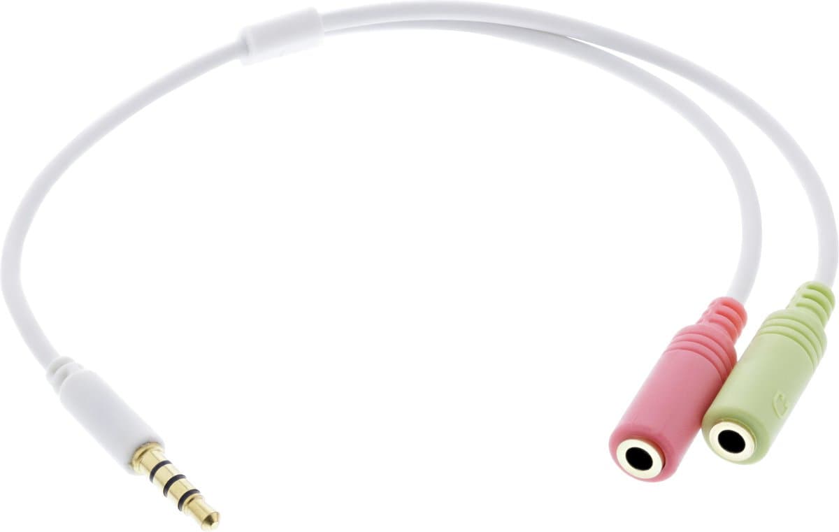 3,5mm 4-polig > 2x 3,5mm headset adapter (CTIA/AHJ) / verguld - wit - 0,15 meter