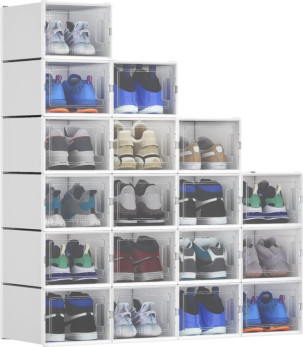 Schoenendozen, 18-delige set, mooi stapelbaar, stabiel, opbergdozen voor mooi met transparante deur en ventilatiegaten, voor mooi tot maat 46, stapelbare schoenendoos wit
