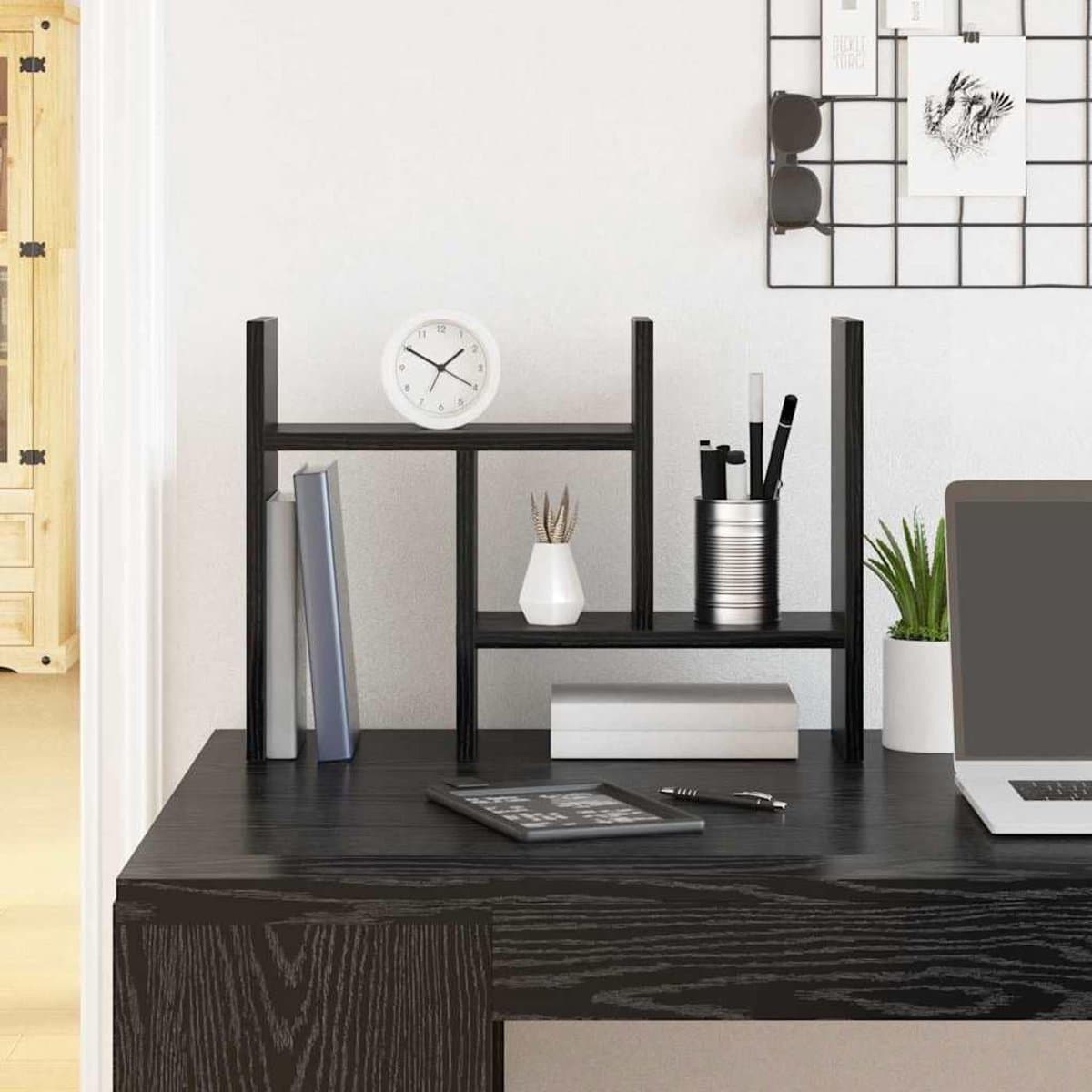 Bureau-organizer, houtmateriaal, zwart, eikenlook, opbergsysteem voor kantoor en thuiskantoor, met vakken voor pennen en notities