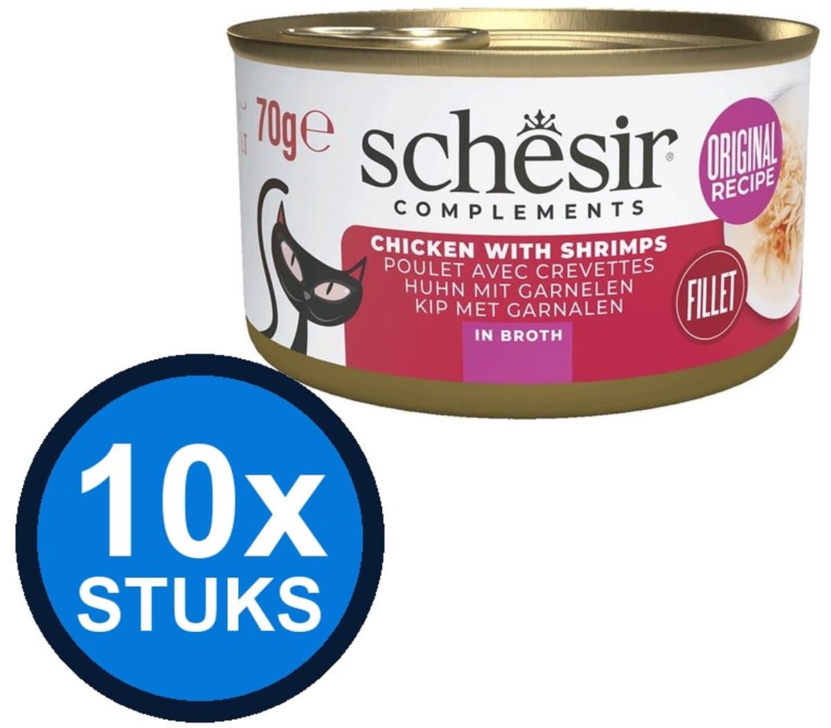 10x Schesir Complementary kat blik bouillon kip&garnalen 70gr