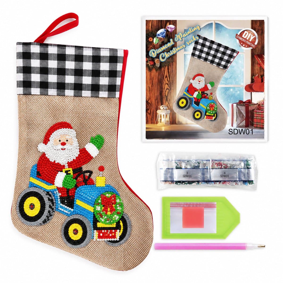Diamond Painting Kerstsok Kerstman op Tractor – Compleet DIY Knutselpakket – Kerstdecoratie – 35 x 20 cm