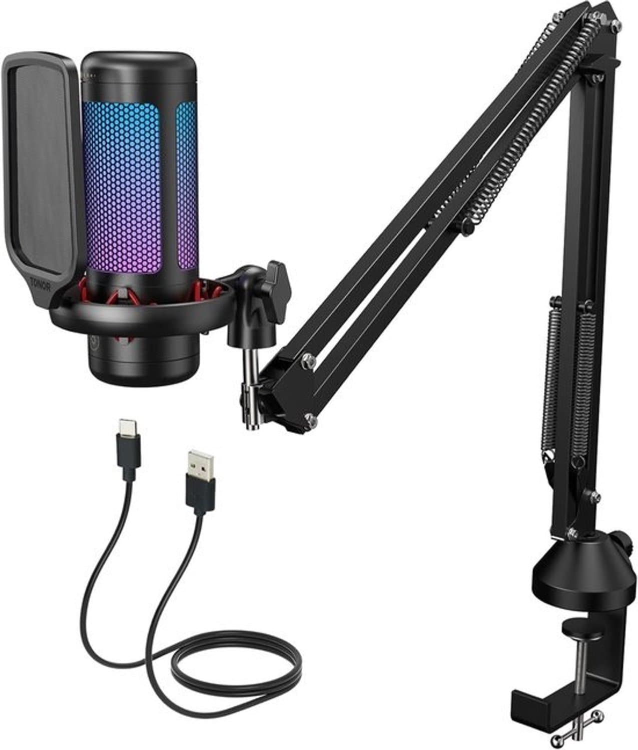 Gamingmicrofoon met verstelbare arm via USB - Compatibel met pc - Mac - PlayStation - RGB-verlichting - Zwarte uitvoering