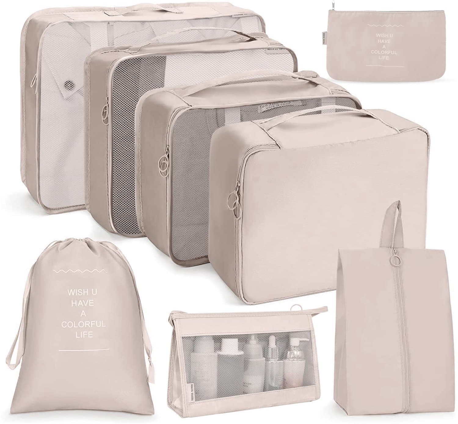 Reisset – 8-Delige Beigekleurige Koffer Organizer Set – Waterdichte Compressie Packing Cubes en Tassen voor Kleding, Schoenen en Cosmetica