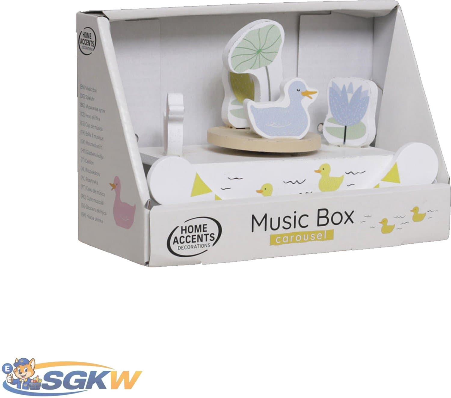 Home Accents Houten Muziekcarrousel – Muziekdoosje met Draaifiguurtjes – 17 cm – Vijverdieren (Eendjes)
