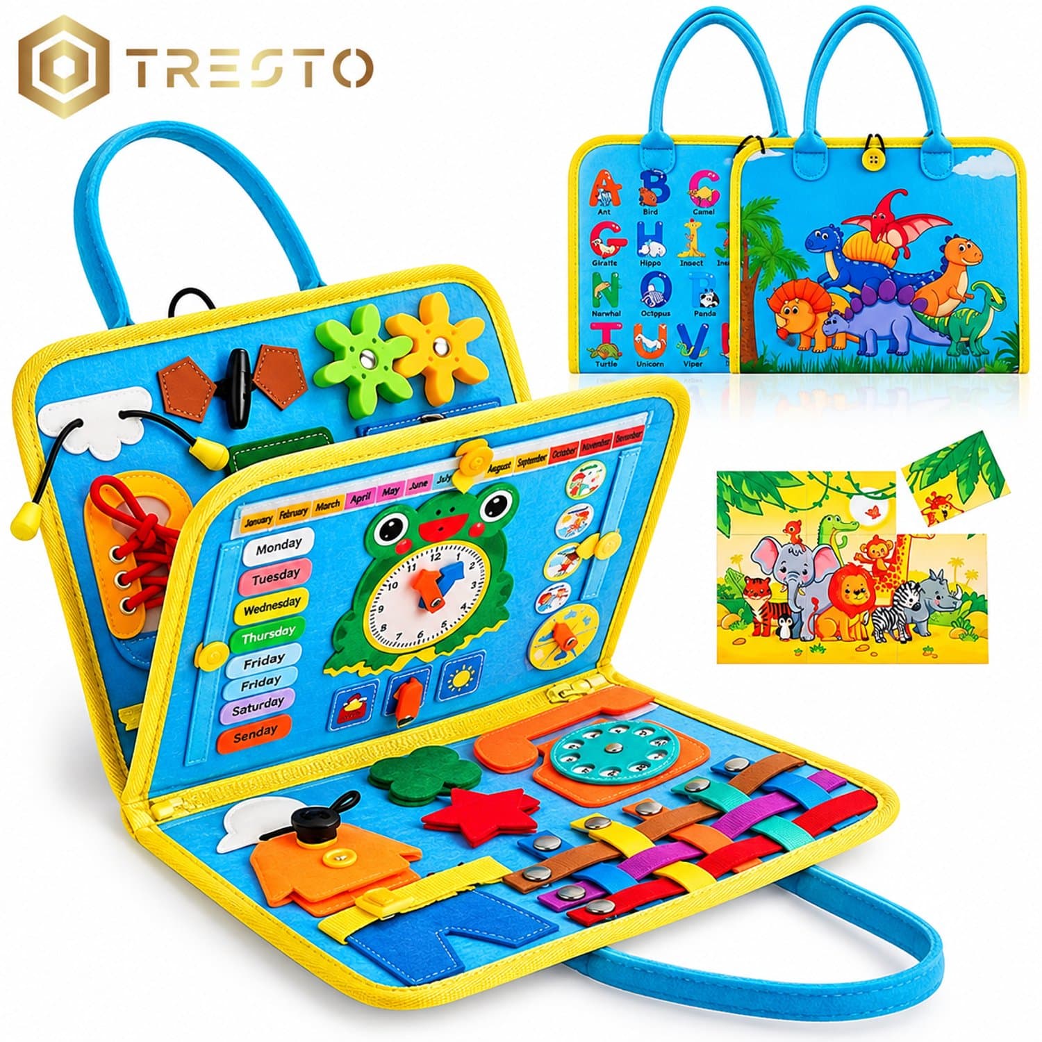 TRESTO - Busy Board – Montessori Activiteitenboek – Dinosaurus Blauw – Klokkijken, Veters Strikken & Motoriek