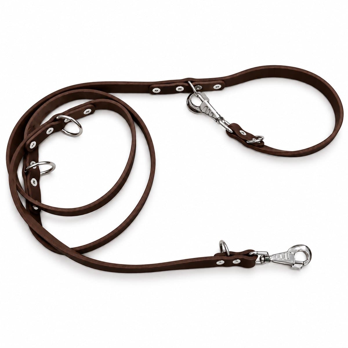 K9World by van der Veeke, Verstelbare Leren Hondenriem – Donker bruin leder –Multifunctioneel – 3-Punts Verstelbaar – 2 Verchroomde Musketons – Handgemaakt
