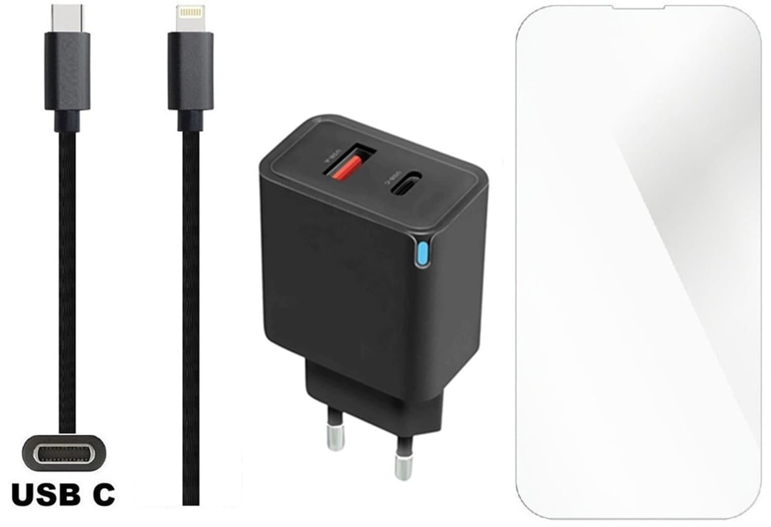OneOne 30W super snellader met 2 poorten en screenprotector van glas voor iPhone 14 Pro + 2,0m USB C naar Lightning kabel. PD lader. oplader adapter. Glazen screenprotector past op Apple iPhone 14 Pro