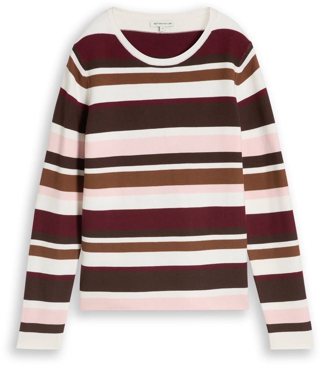 Tom Tailor - Gebreide trui van katoen - Maat M - camel brown red stripe