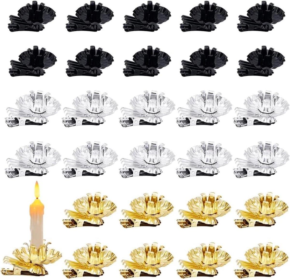 Kaars Clips - Kandelaars Kaarsen - Kerstboom Versieren - Bloemvormig Ontwerp - 36 stuks - Zilver Goud Zwart