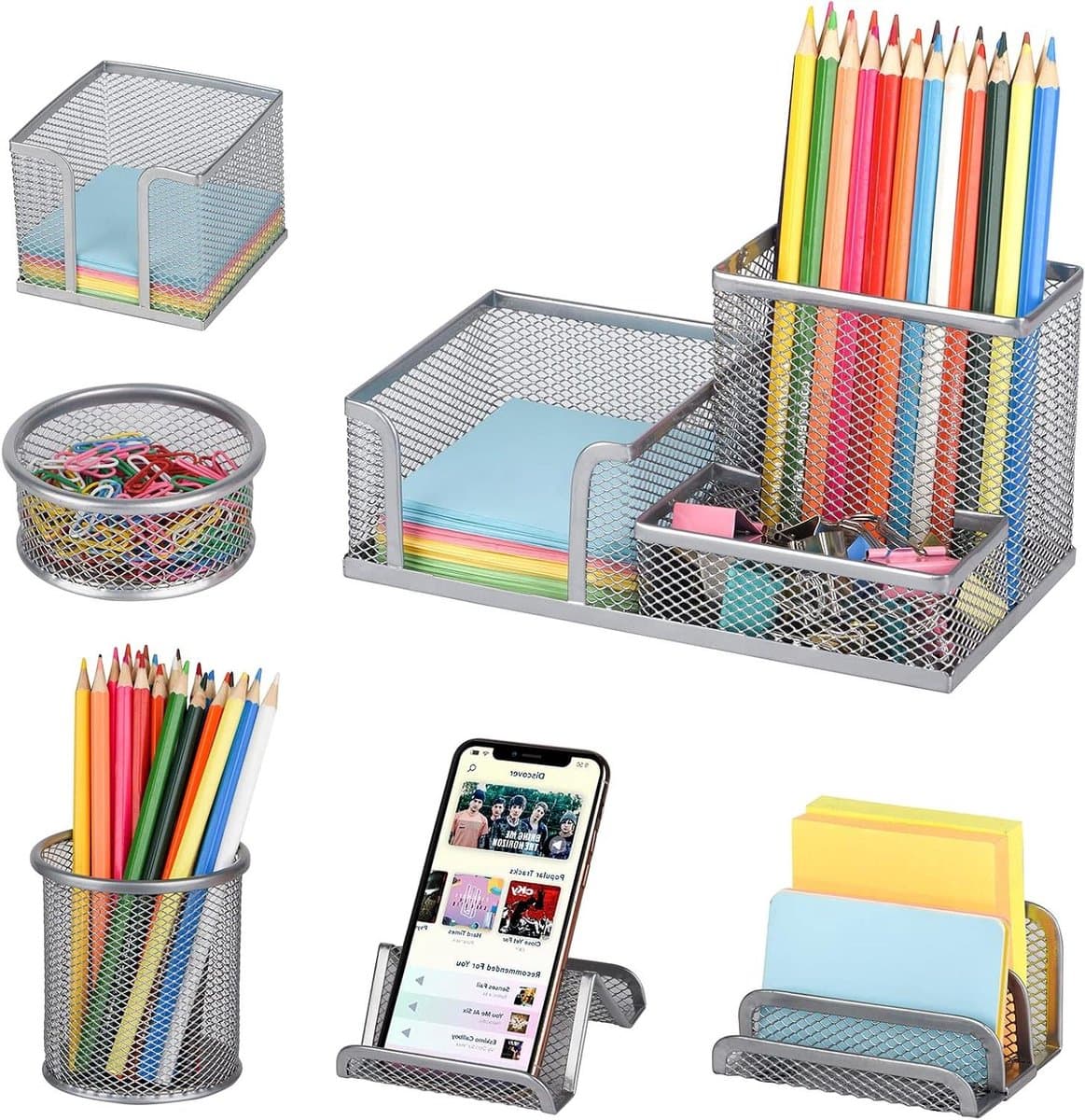 Bureau Organizer Set - Opbergmand Bureau - Kantoor Organiseren - Mesh IJzer Ontwerp - 6 Stuks - Zilver