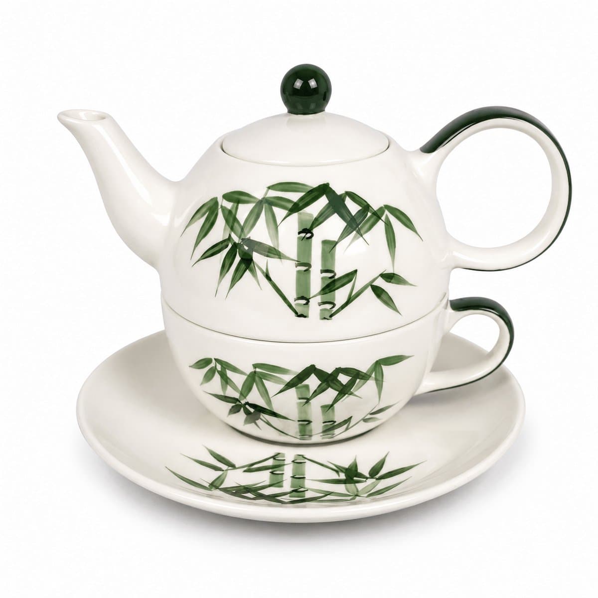 Tea for One Set Bamboe - Handgeschilderd Keramiek - Theepot met Kop en Schotel - Wit Groen - 3-delige Theeset voor 1 Persoon
