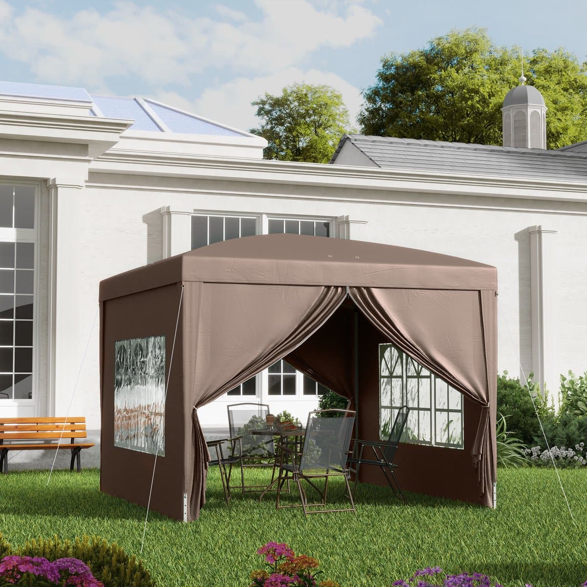 MIVRAY Paviljoen, Opvouwbaar, 2,95 x 2,95 m, Polyester, Koffiebruin, Voor Tuin En Camping, Met 4 Wanden