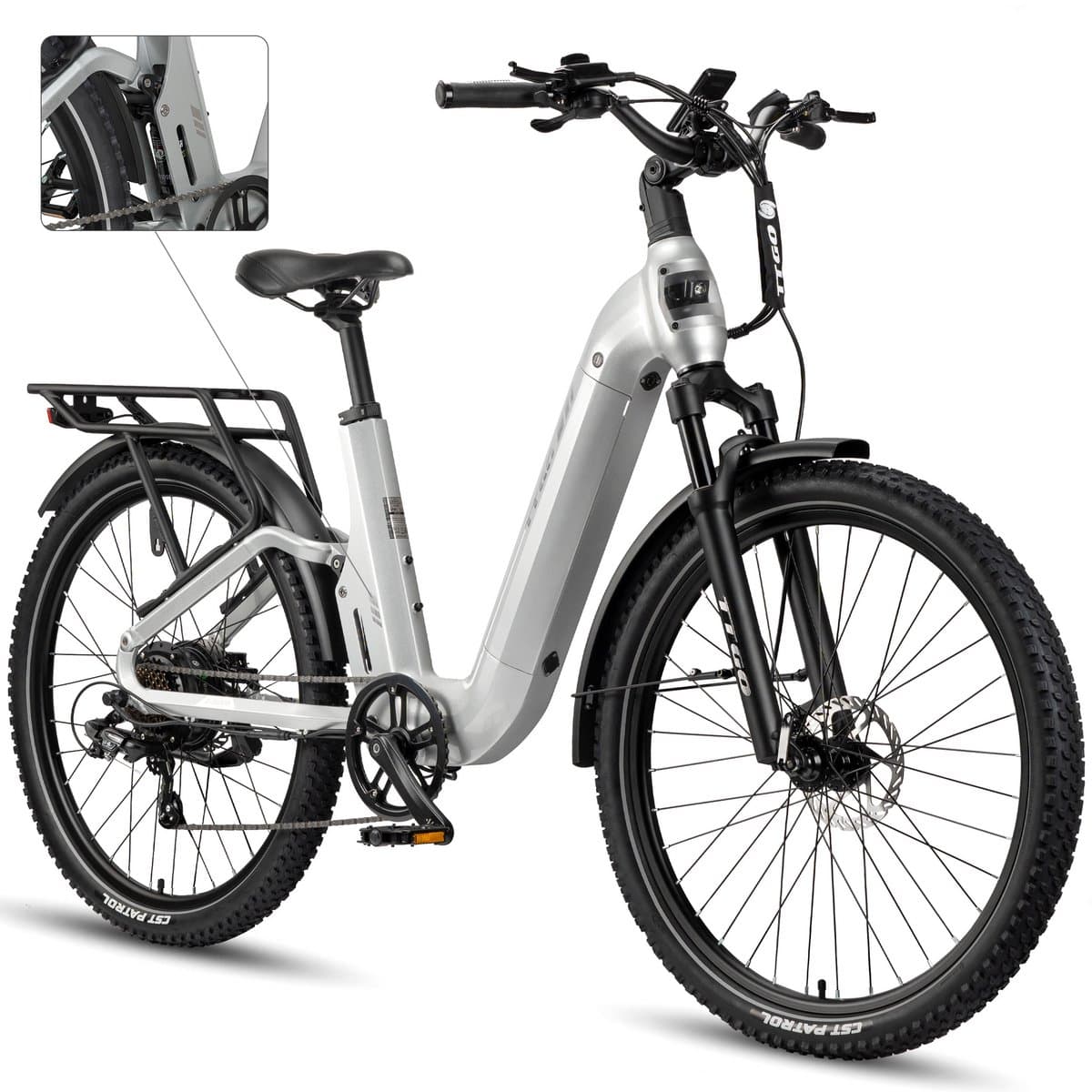 TTGO E-SUVO S6 - Full Suspension Elektrische Mountainbike - 27,5 inch Aluminium Softtail Frame - 120 km Actieradius - 720Wh Grote Accu - 70Nm Krachtig Koppel - Hydraulische Schijfremmen - Shimano 7 Versnellingen - Zilver