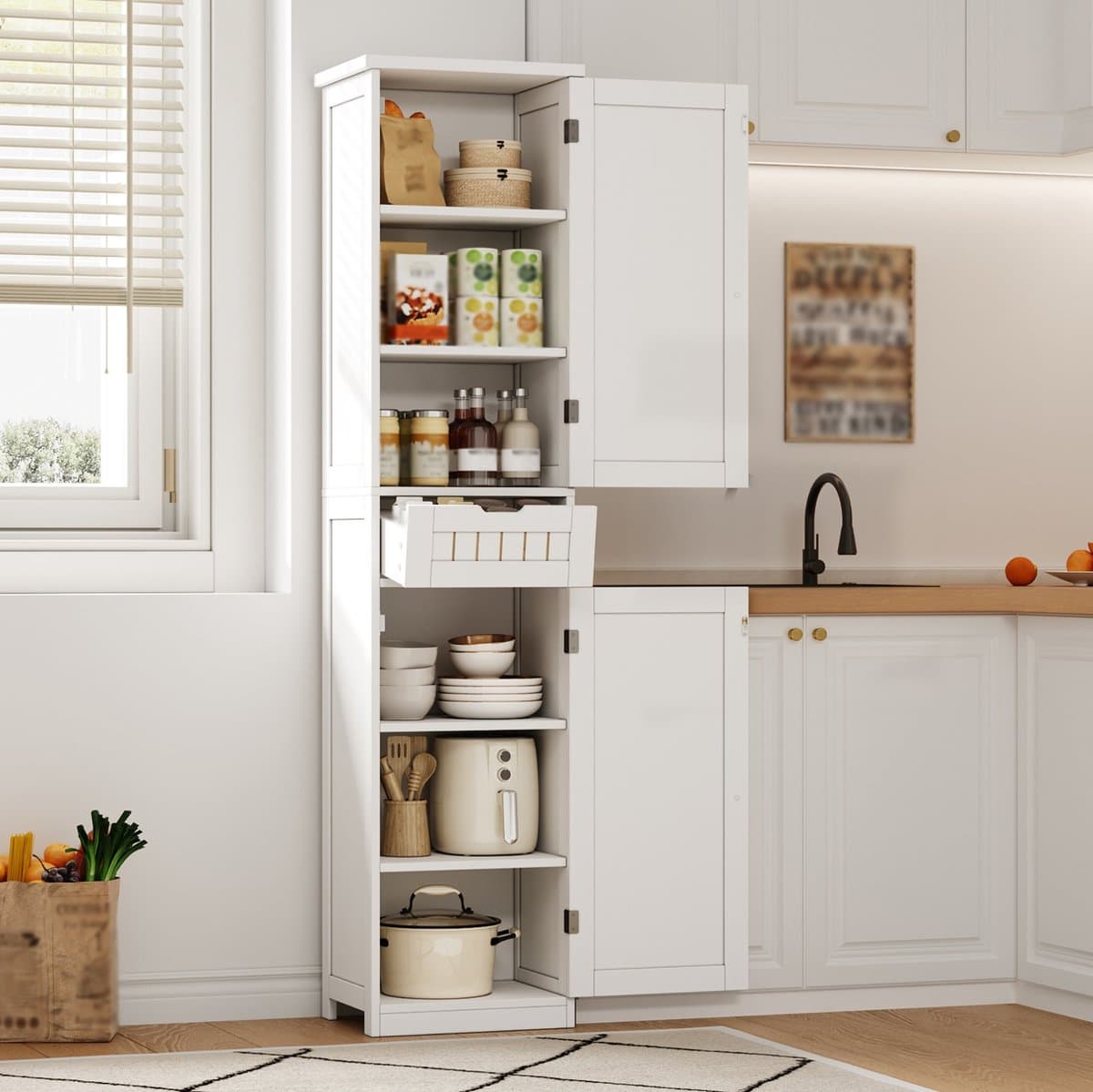 Wishdor - Keukenkast - 2 deuren en 1 lade - verstelbare opbergruimte - retro stijl - keuken eetkamer woonkamer - houtlook - wit - 170 x 40 x 30 cm