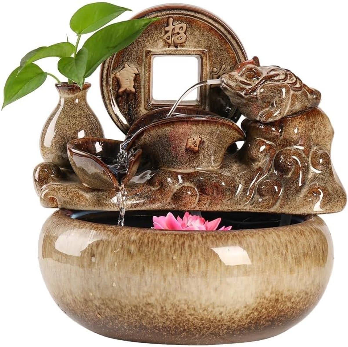 Kleine waterfontein - Tafelornament - Rustgevende ontspanning - Keramisch design - Compact formaat - Bruin