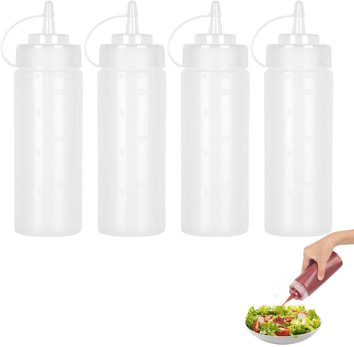 Dailygoods - knijpfles voor sauzen, 4 stuks 500 ml (16 oz) plastic quetschfles met doppen - BPA vrij, geen lekkage - Condimentflessen voor kleuren, bakken, ketchup, pittige sauzen, olijfolie, kruidenflessen