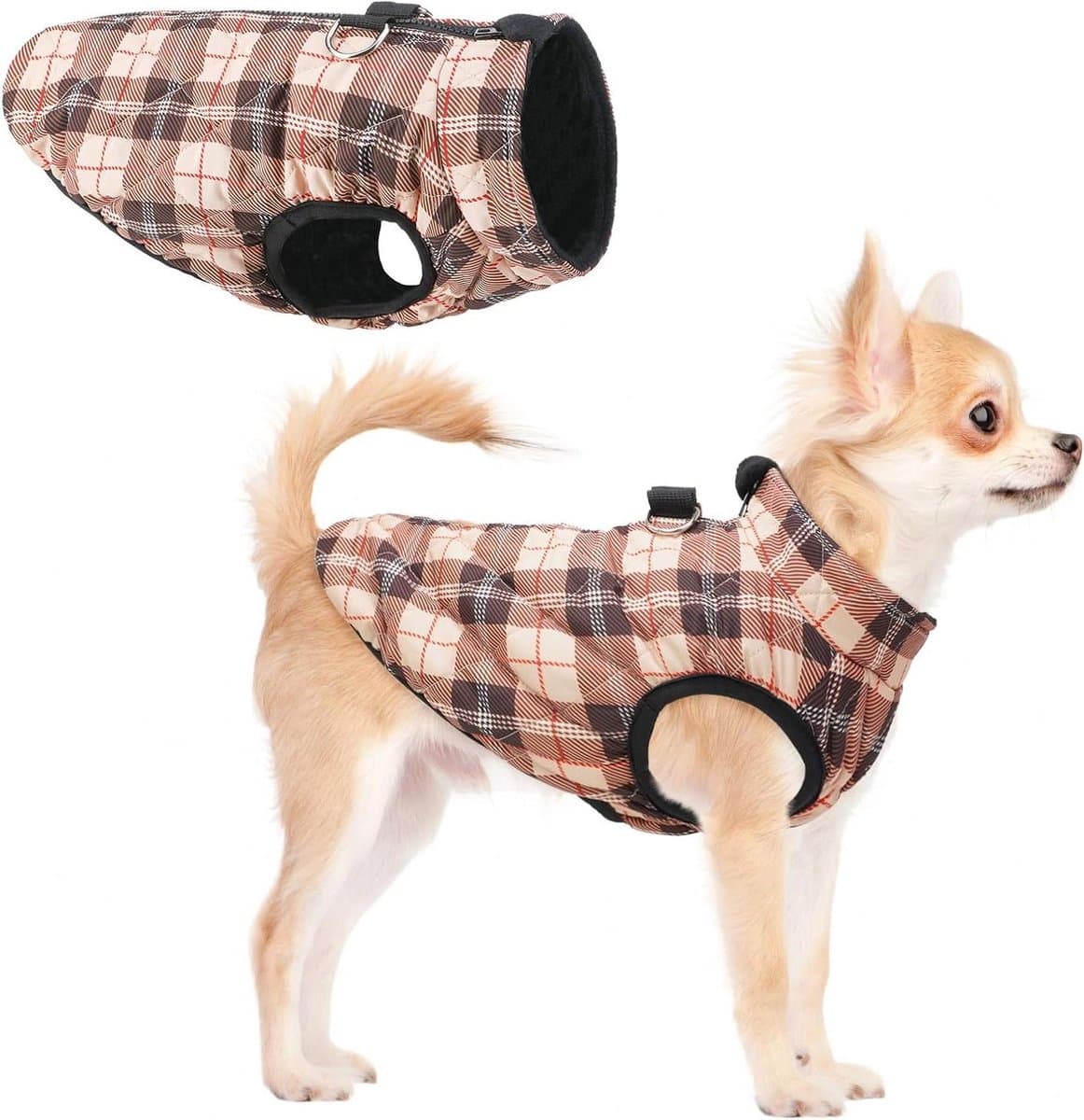Hondenwinterjas - Hondenvest - Warm Houden - Ingebouwd Harnas - Maat S - Beige Plaid