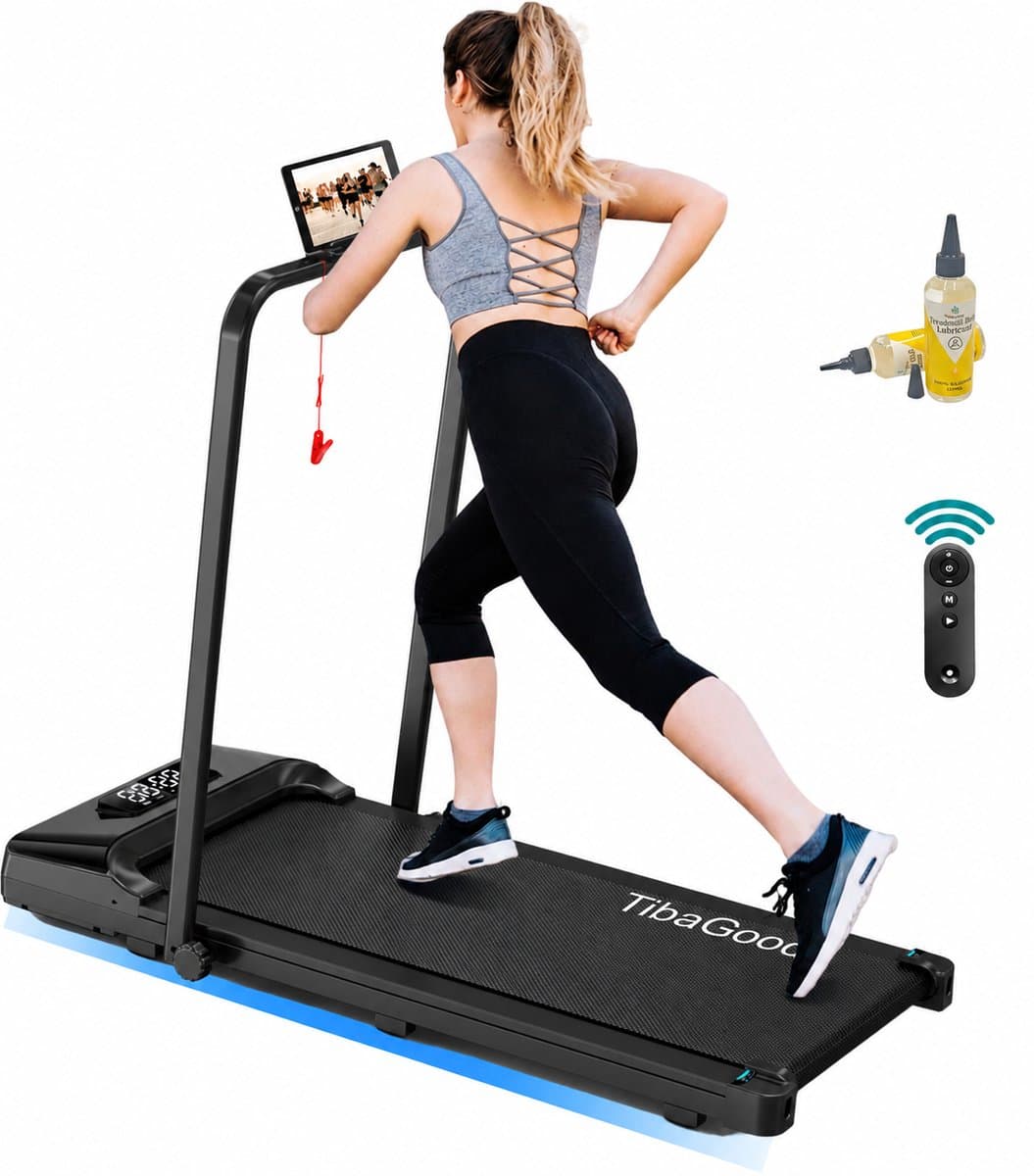 Tibagoods loopband inklapbaar - 1-8 km/h - Max. 130kg - Hardloopband - Wandelband - Loopband voor thuis - Hometrainer - Incl. tablethouder - Met 1 extra olie