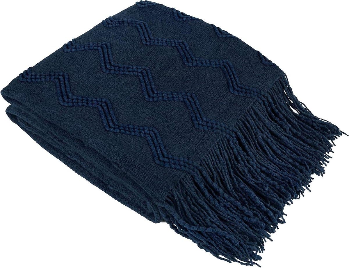 Gebreide Plaid - Deken met franjes - Woonkamer decoratie - Geometrisch patroon - 50x60 inch - Marineblauw