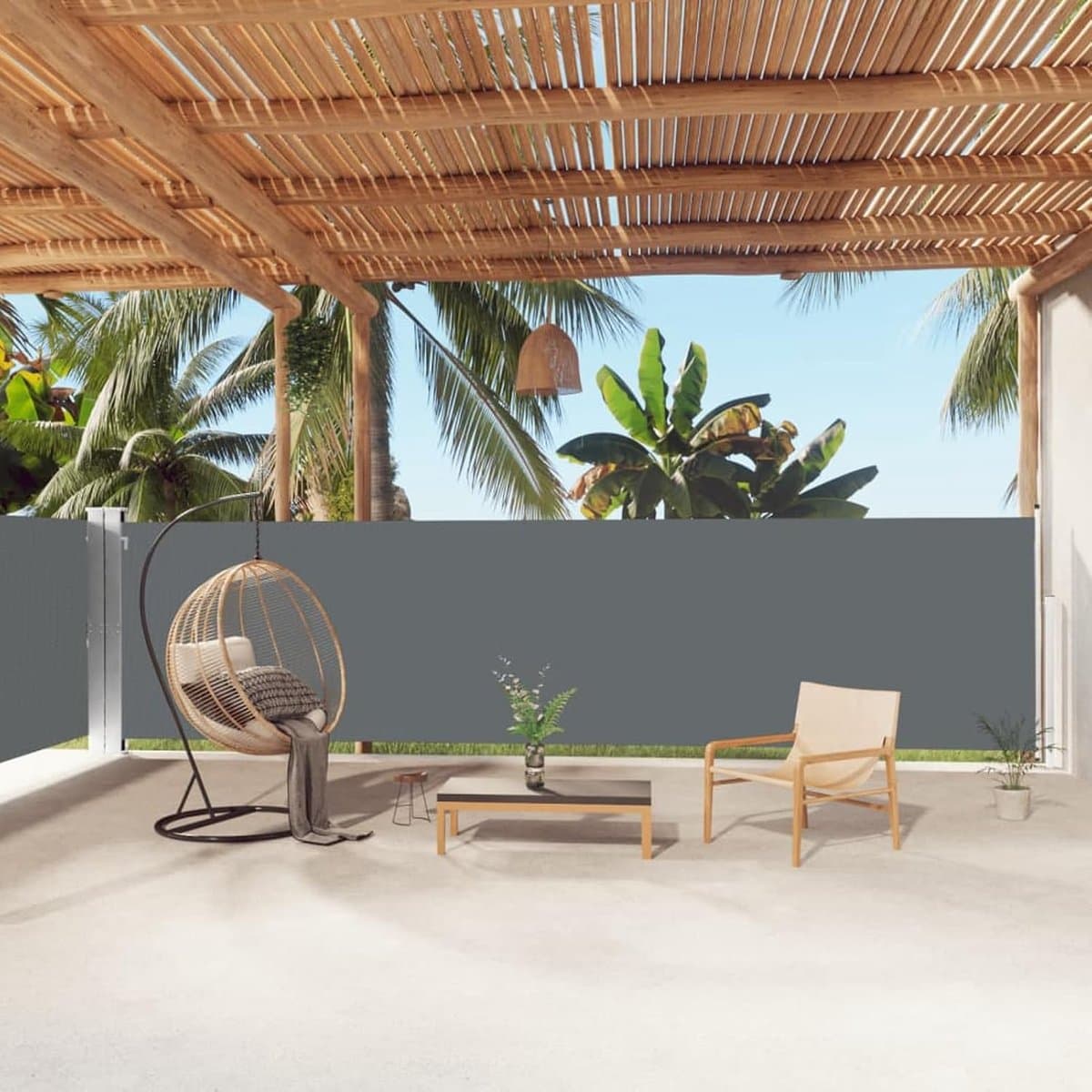 Uittrekbaar, antraciet, 160 x 1000 cm, uv-bestendig, waterafstotend, automatisch oprolbaar, polyester met PU-coating voor terras, balkon, tuin