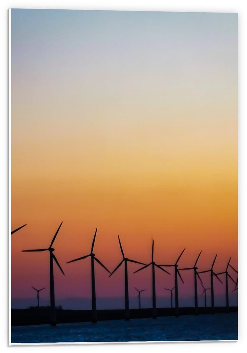 Forex - Rij Windmolens bij Zon die Onder Is - 40x60cm Foto op Forex