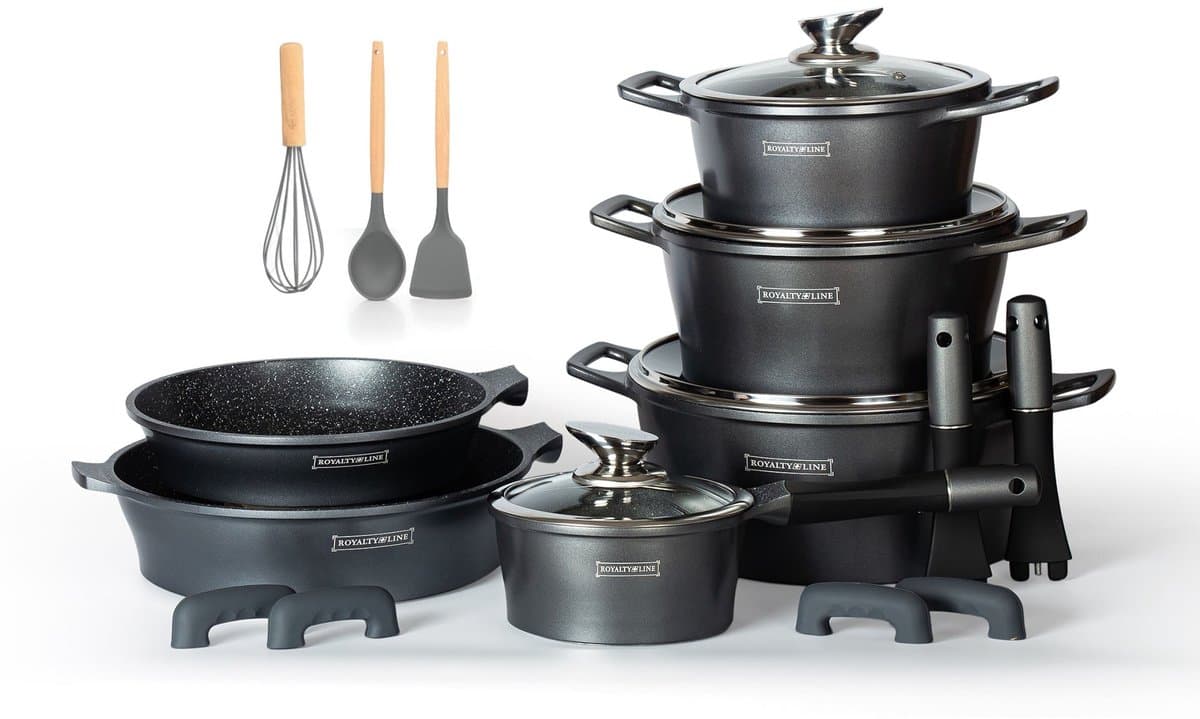 Royalty Line® ES1014 Inductie Pannenset - 17 Delige Pannensets - Met Afneembare Handvaten - Ovenbestendig - Pannen Voor Alle Warmtebronnen - Antiaanbaklaag - Zilver
