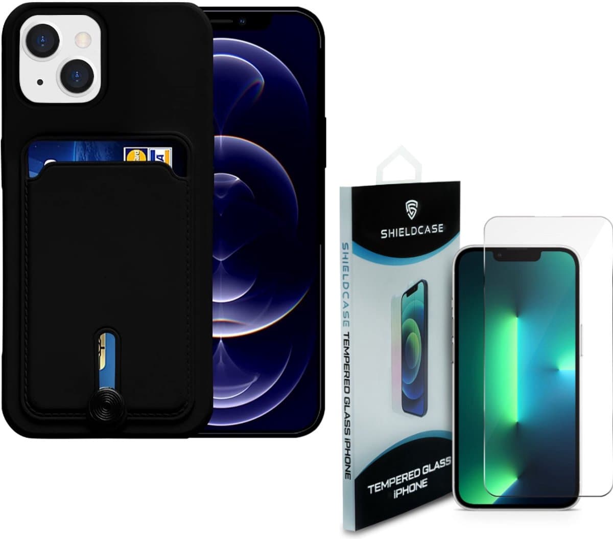 ShieldCase Geschikt voor iPhone 13 siliconen hoesje met pasjeshouder (zwart) - Shockproof hoesje incl. Screenprotector - Bescherming glasplaatje geschikt voor iPhone 13 - Screen protector glas - Full Cover bescherming + beschermhoes