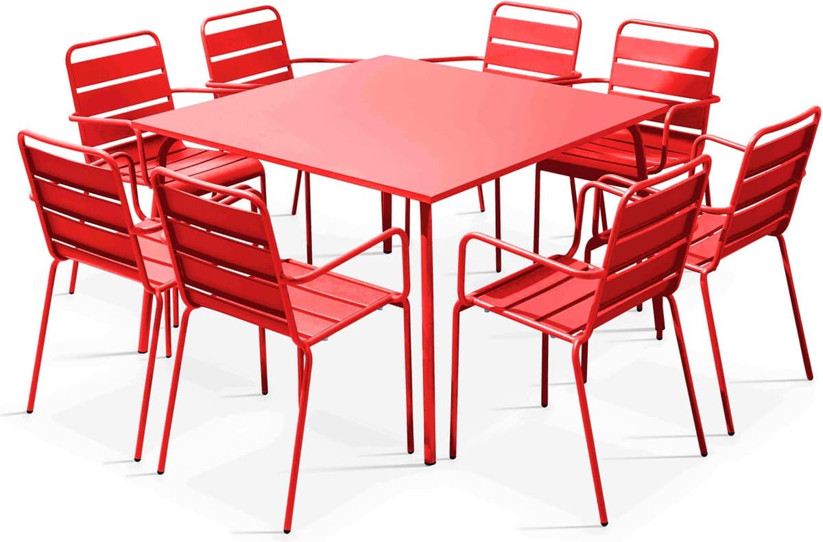 Oviala - Set van een vierkante tuin tafel en 8 rode stoelen - Palavas
