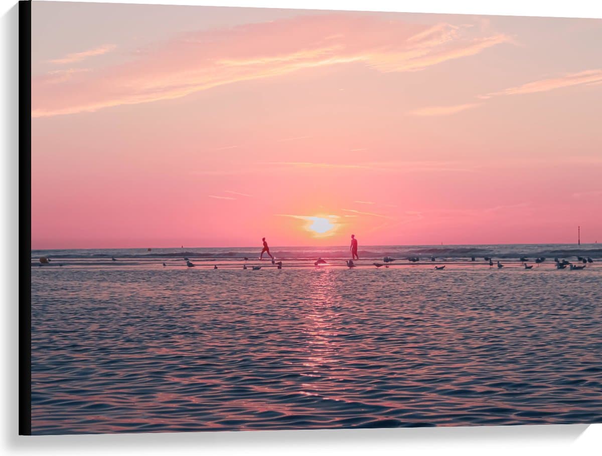 Canvas - Roze Zonsondergang aan Zee met Meeuwen - 100x75 cm Foto op Canvas Schilderij (Wanddecoratie op Canvas)