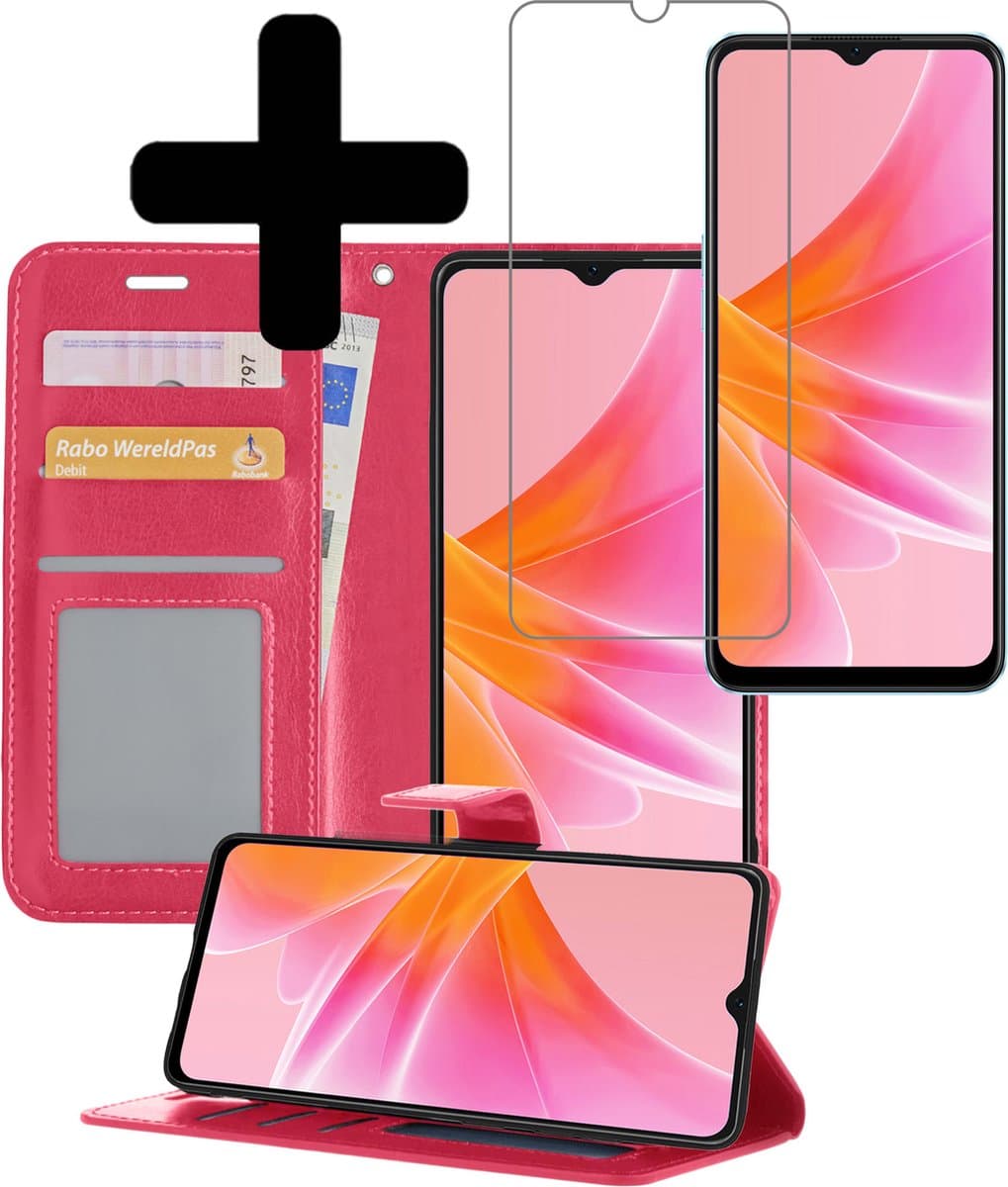 Hoesje - Met Screenprotector - Geschikt voor OPPO A57 - Luxe Pasjeshouder - Bookcase Portemonee - Flip Case - Kunstleer Book Case - Flipcase - Book Cover - Walletcase - Portemonneehoes - Telefoonhoesjes - Donkerroze