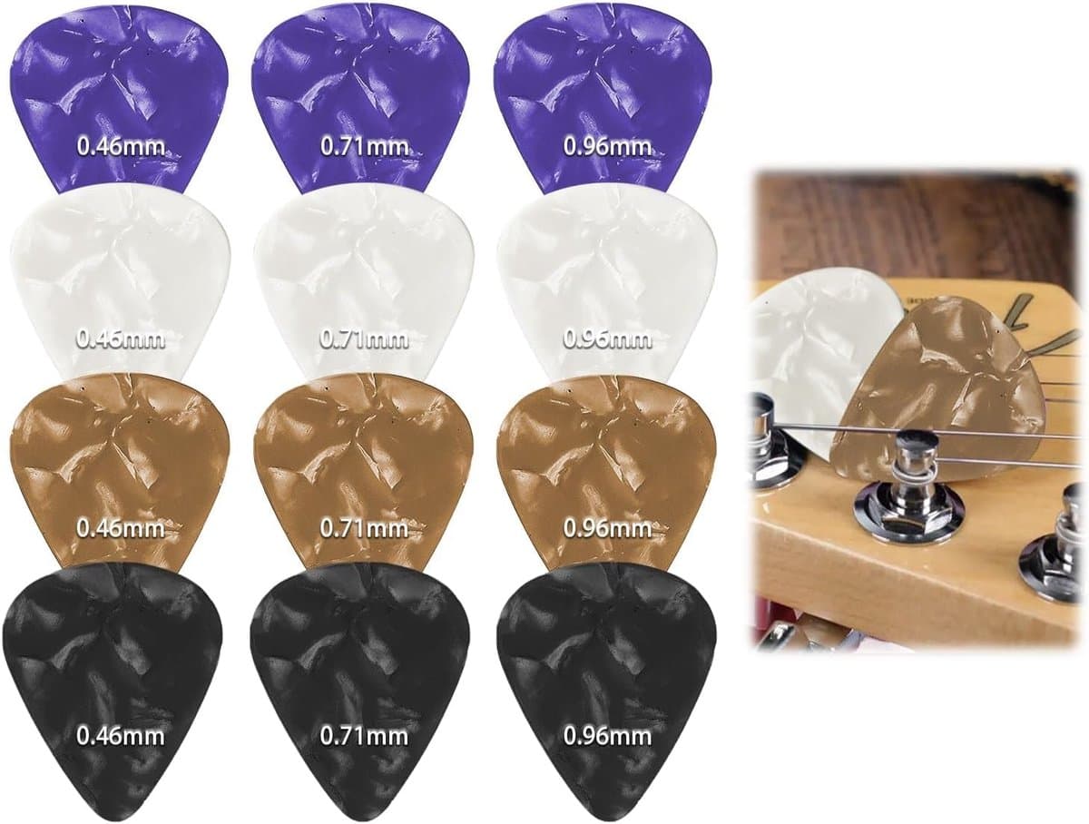 Set van 12 Gitaar Picks - 3 Verschillende Dikte - 0.45 mm - 0.7 mm - 0.96 mm - Celluloid Gitaar Picks - Gepersonaliseerd voor Akoestische en Elektrische Gitaar - Zwart - Wit - Koffie - Paars