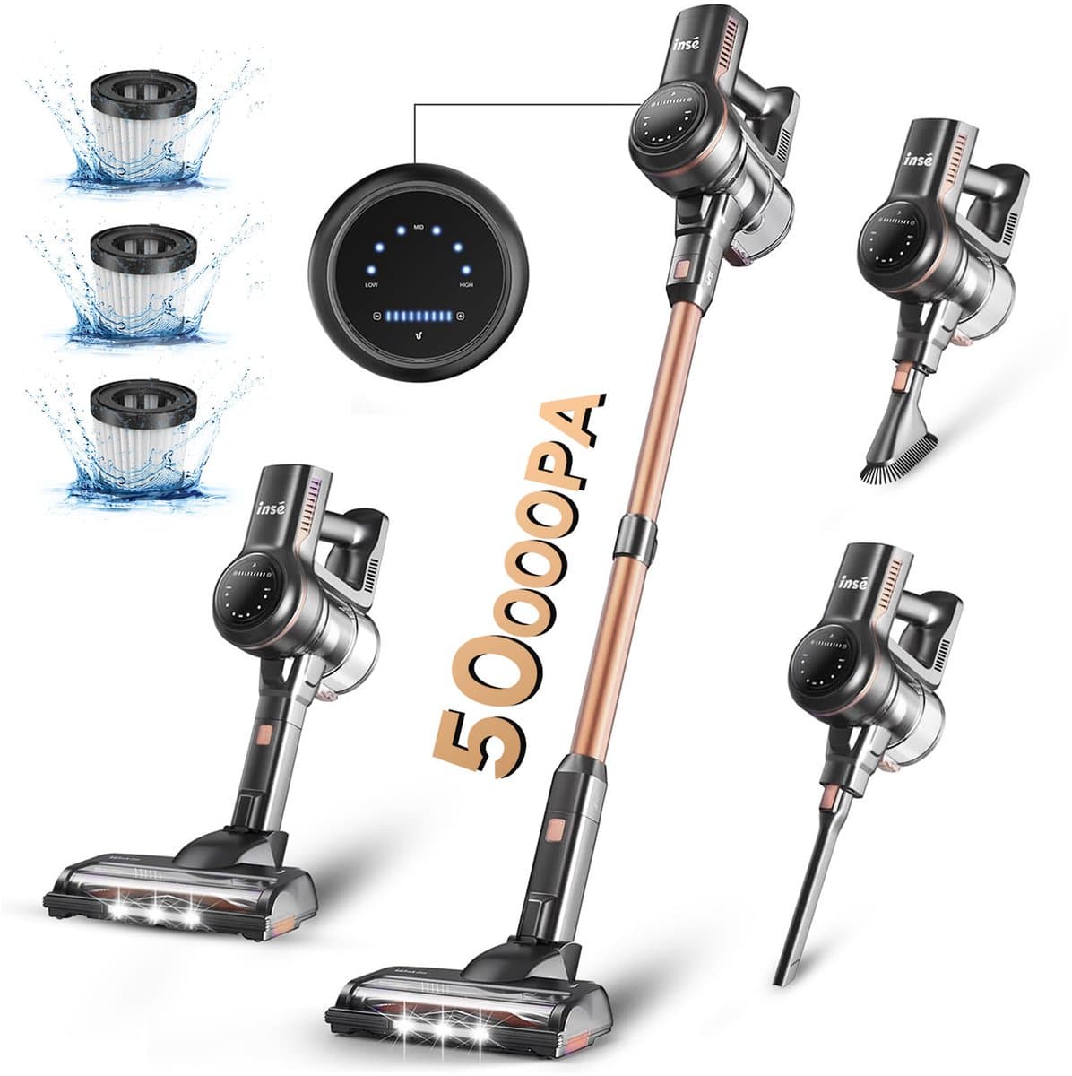 INSE Steelstofzuiger Draadloos - Stofzuiger Draadloos - 6-in-1 - S7P -Zwart - Lichtgewicht Steelstofzuiger - 40 kPa, 60 min. gebruiksduur - 65 dB - 1.2 L tank
