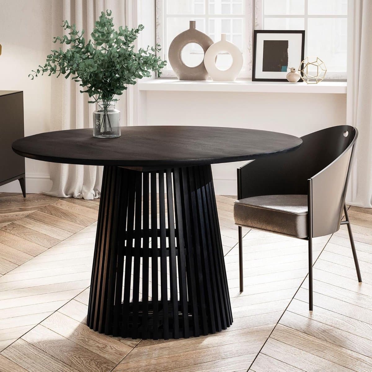 Ronde Eettafel – Ø120 cm – Zwarte Mangohouten Eettafel – Industriële Tafel met Roosterframe – Massief Hout – Moderne Keukentafel – Luxe Design NoviHome