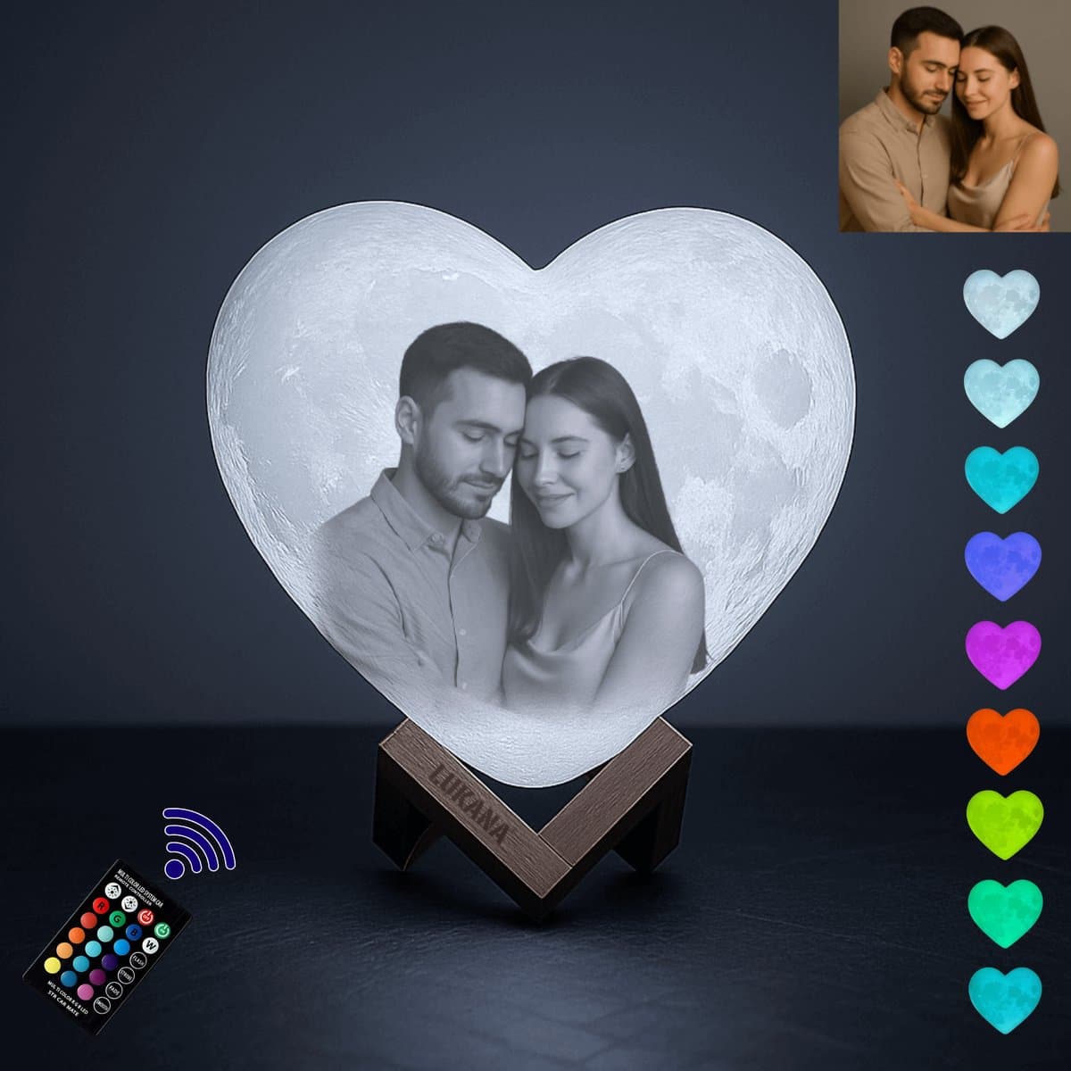Gepersonaliseerde Valentijn Cadeau – 3d Hart Maanlamp met Eigen Foto en Tekst - 15cm - 16 Kleuren met afstandsbediening - Inclusief houten standaard - Rouw Geschenk - Aandenken - Moonlight - Moederdag - Vaderdag - Tafellamp