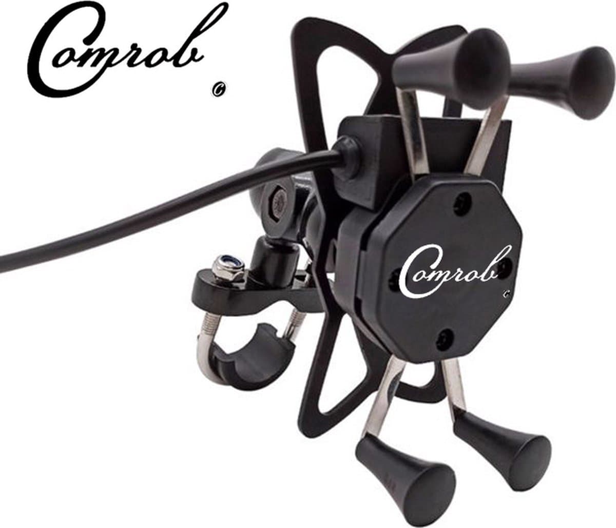 Comrob Universele Telefoonhouder Smartphonehouder Grip Usb POWER oplader voor op het Motor stuur ook voor Elektrische Fiets en scooter stuurklem bevestiging